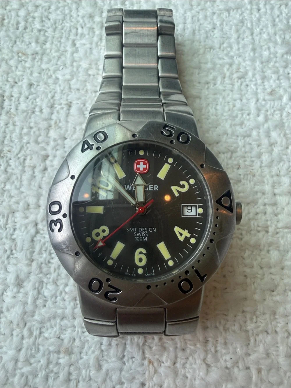 Vintage Wenger Black Dial Stainless Steel Dive Watch